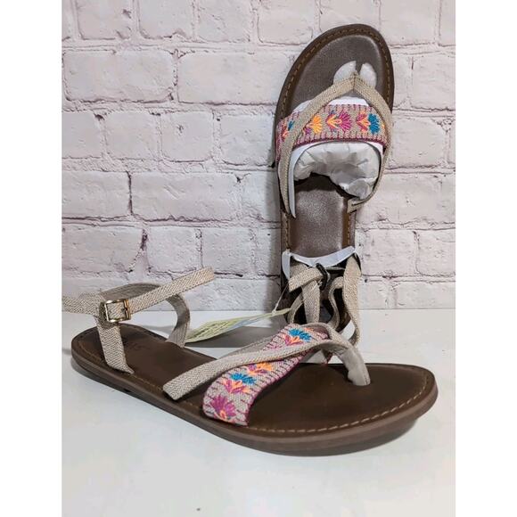 Tom's Lexie Tan Canvas Floral Embroidered Thong Size 9.5 Women’s Sandal NWT - Picture 1 of 9